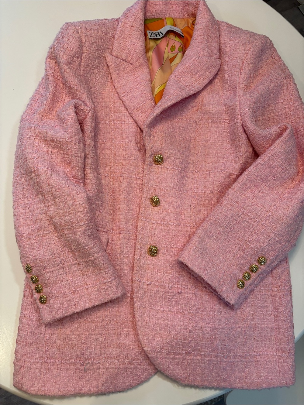 ZARA Pink Blazer With Pockets Pink Floral Multi Inside Lined, gold buttons